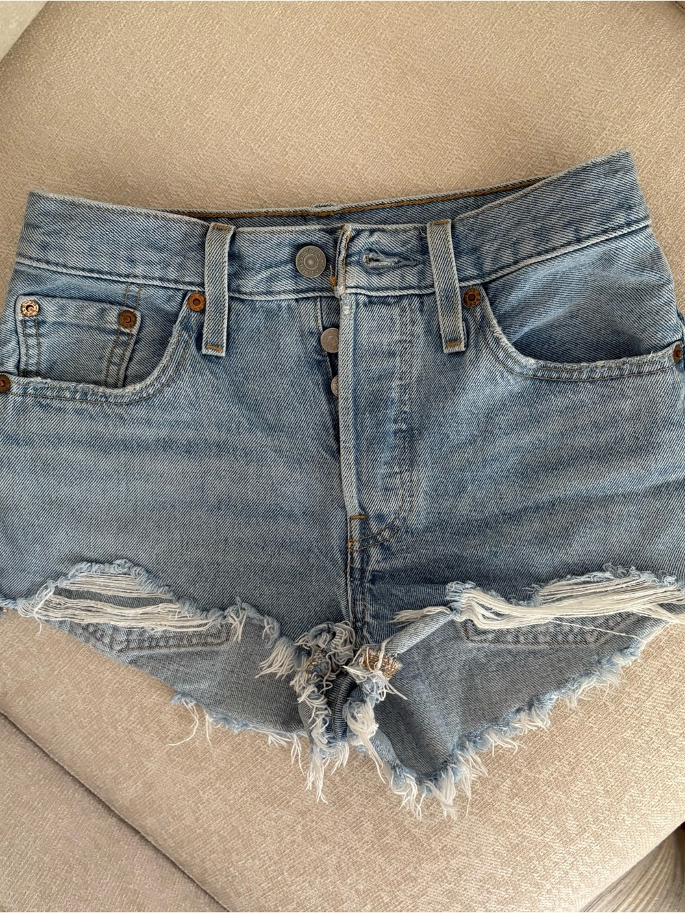 Levi’s Distressed Denim Mini Cutoff Shorts - Light Blue, Sz 25